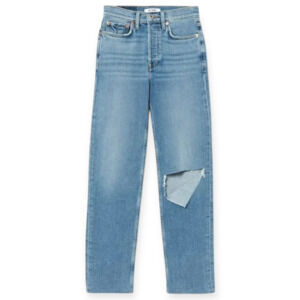 NWT Redone High Rise Stove Pipe Jeans Brisk Blue w Rips Straight Size 24 fits 25